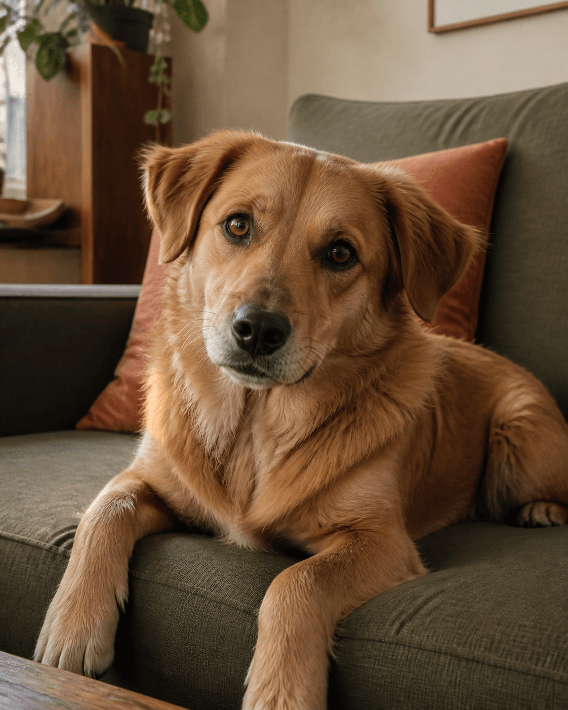 A golden-tan dog resting on a sage green armchair in a sunlit home